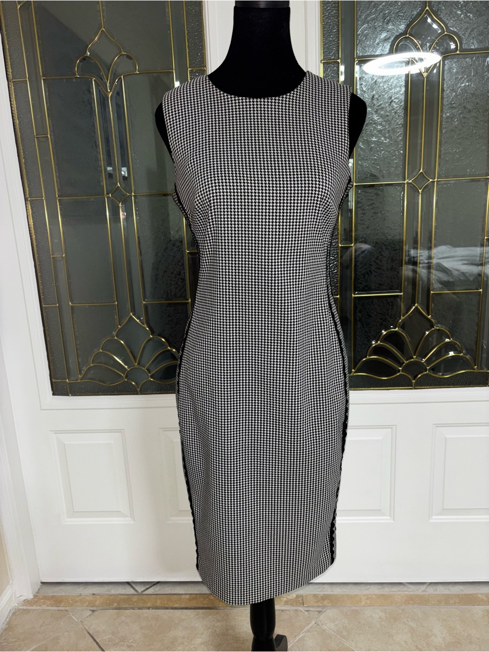 Calvin Klein Black and White Houndstooth Sheath Dress